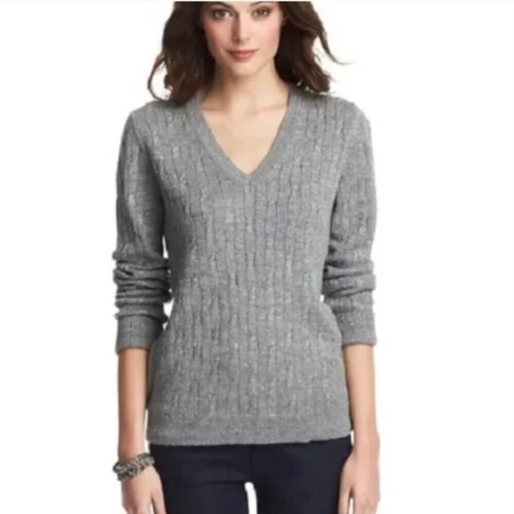 Ann Taylor Loft Gray Sparkle V-Neck Cable Knit Sweater Size S CLOSET CLEAR-OUT! - Picture 1 of 8